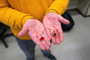 Muhamed Duhandžić holds two pieces of the organic semiconductor—the blue polymer has been doped with an iodine dopant. CREDIT
Harriet Richardson/University of Utah
