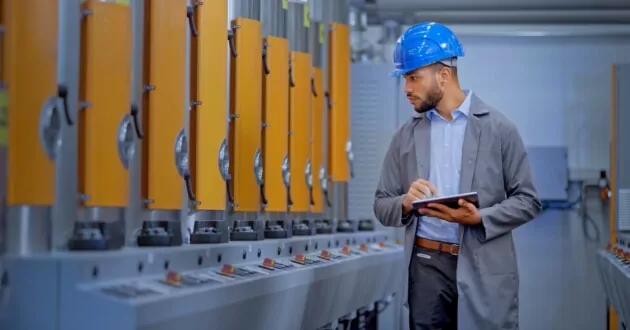 Inżynier używający cyfrowego tabletu w fabryce