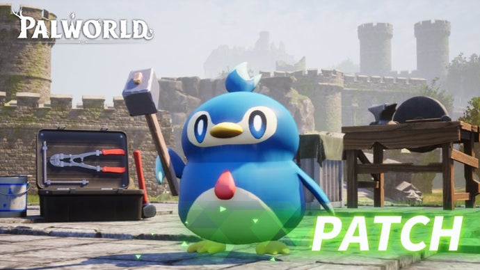Palworld patch notice showing a penguin-like Pal holding a mallet