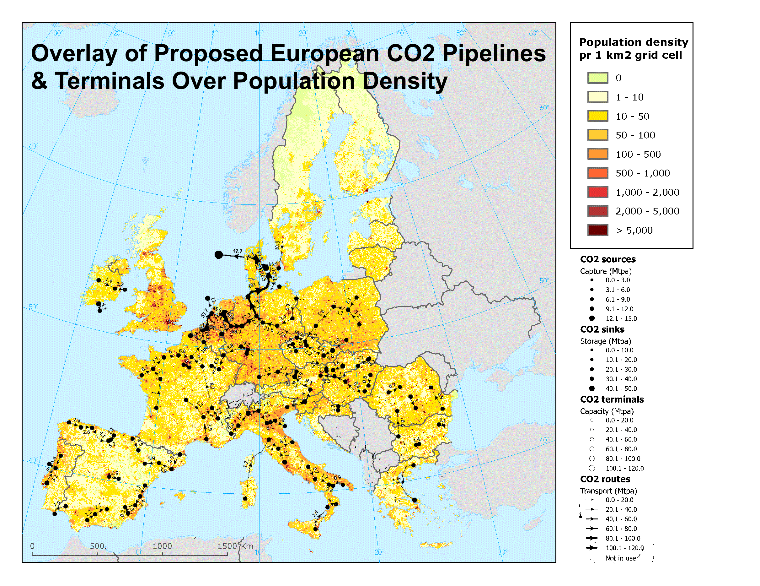 Overlay of proposed European CO2 pipelines and terminals on top of a map of European population density by author