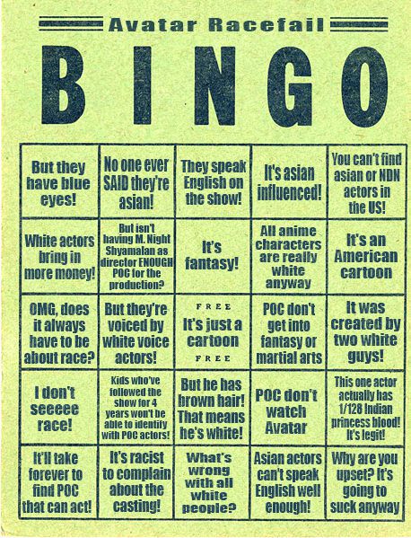 Avatar Racefail Bingo card with lots of complaints about Avatar being race ambiguous 