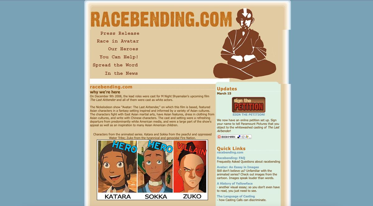 A screenshot of Racebending.com launch page with an Avatar Aang print logo and images of Katara and Sokka and Zuko in a blog post