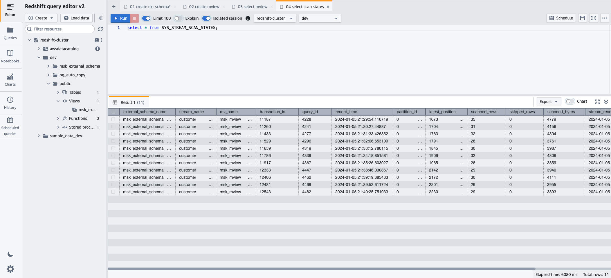 redshift query editor v2 showing the SQL statement used to query the sys stream scan states monitoring view