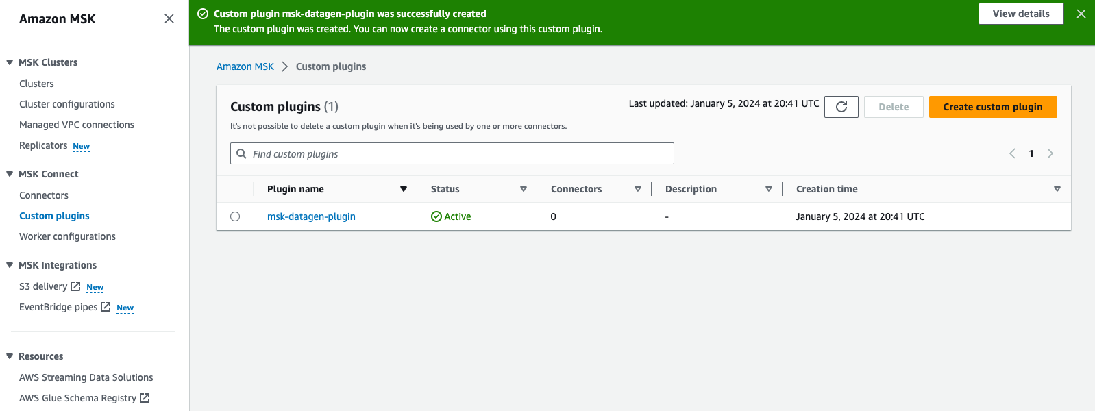 amazon msk console showing the msk connect custom plugin being successfully created