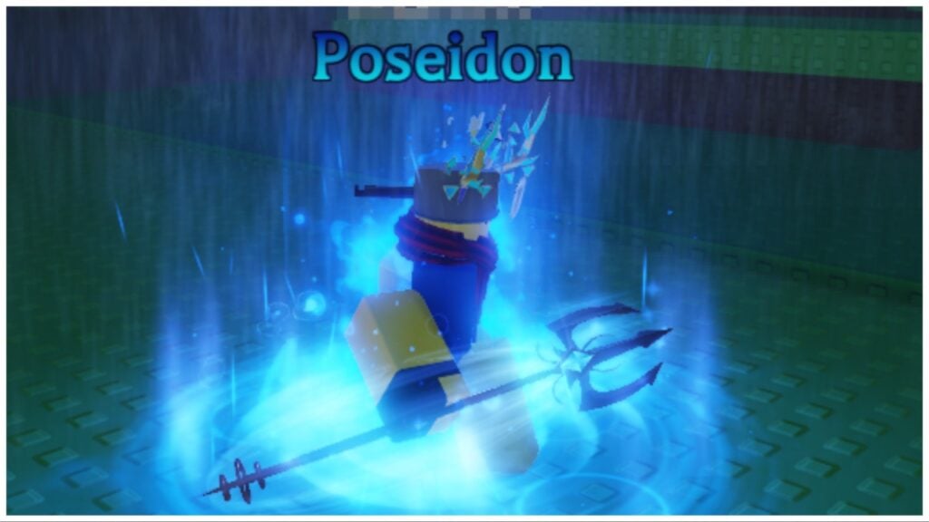 The image shows the poseidon aura leaks which is blue and watery with bubble effects and a trident in the users right hand