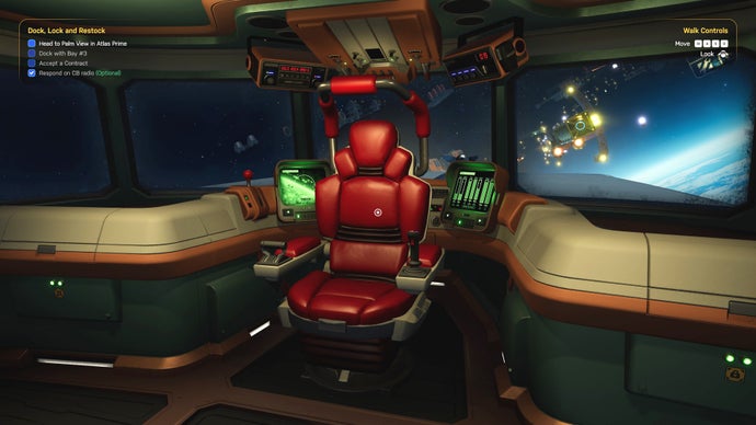 A Star Trucker screenshot showing a space truck's interior cabin, complete with an extremely comfy looking red leather seat.