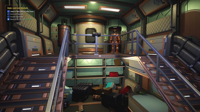 A Star Trucker screenshot showing a space truck's cargo hold, with stairs leading up to a central airlock on either side.