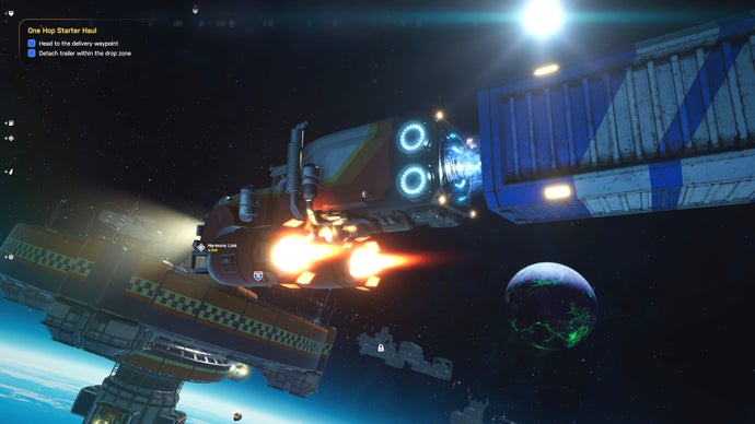 A Star Trucker screenshot showing an external view of a space rig firing its thrusters.