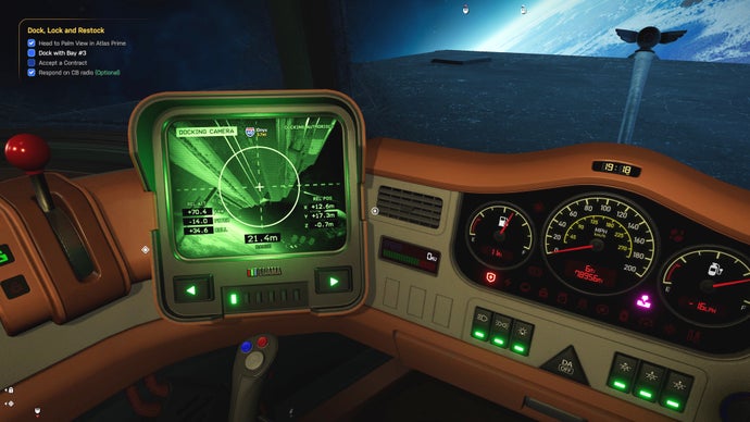 A Star Trucker screenshot featuring one of two dashboard displays, this one showing a external view from the docking camera.