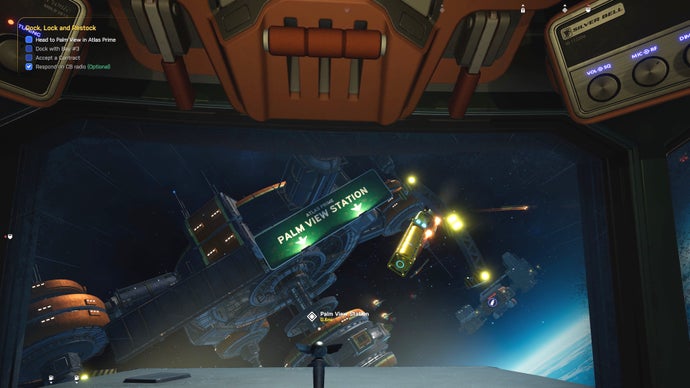 A Star Trucker screenshot showing a floating space highway as viewed through a truck's main cockpit window.