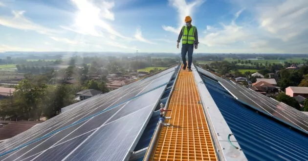 Technicus die op een dak met zonnepanelen loopt met zonlicht op de achtergrond