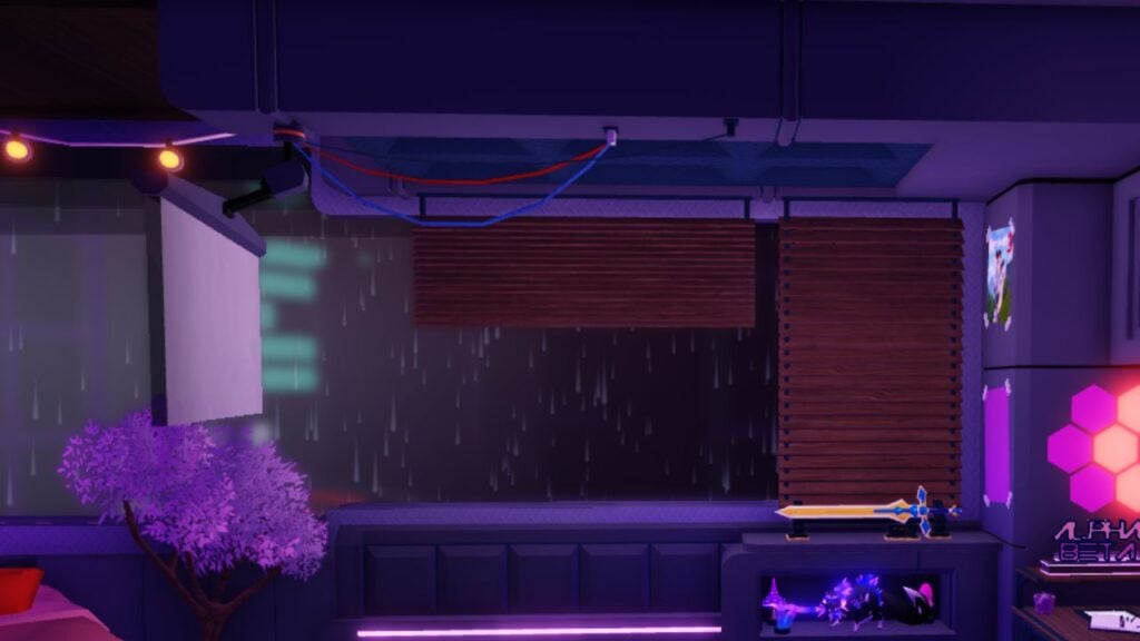 Feature image for our Swordburst 3 codes guide. It shows a screen of the inside of a room, with purple LEG lighting, and a sword on display.