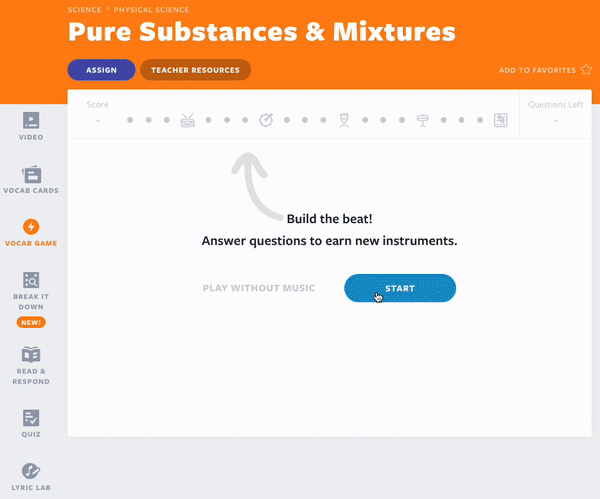 Pure Substances & Mixtures science lesson using Vocab Game