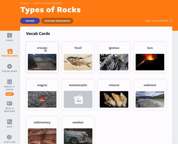 Types of Rock science lesson using Vocab Cards