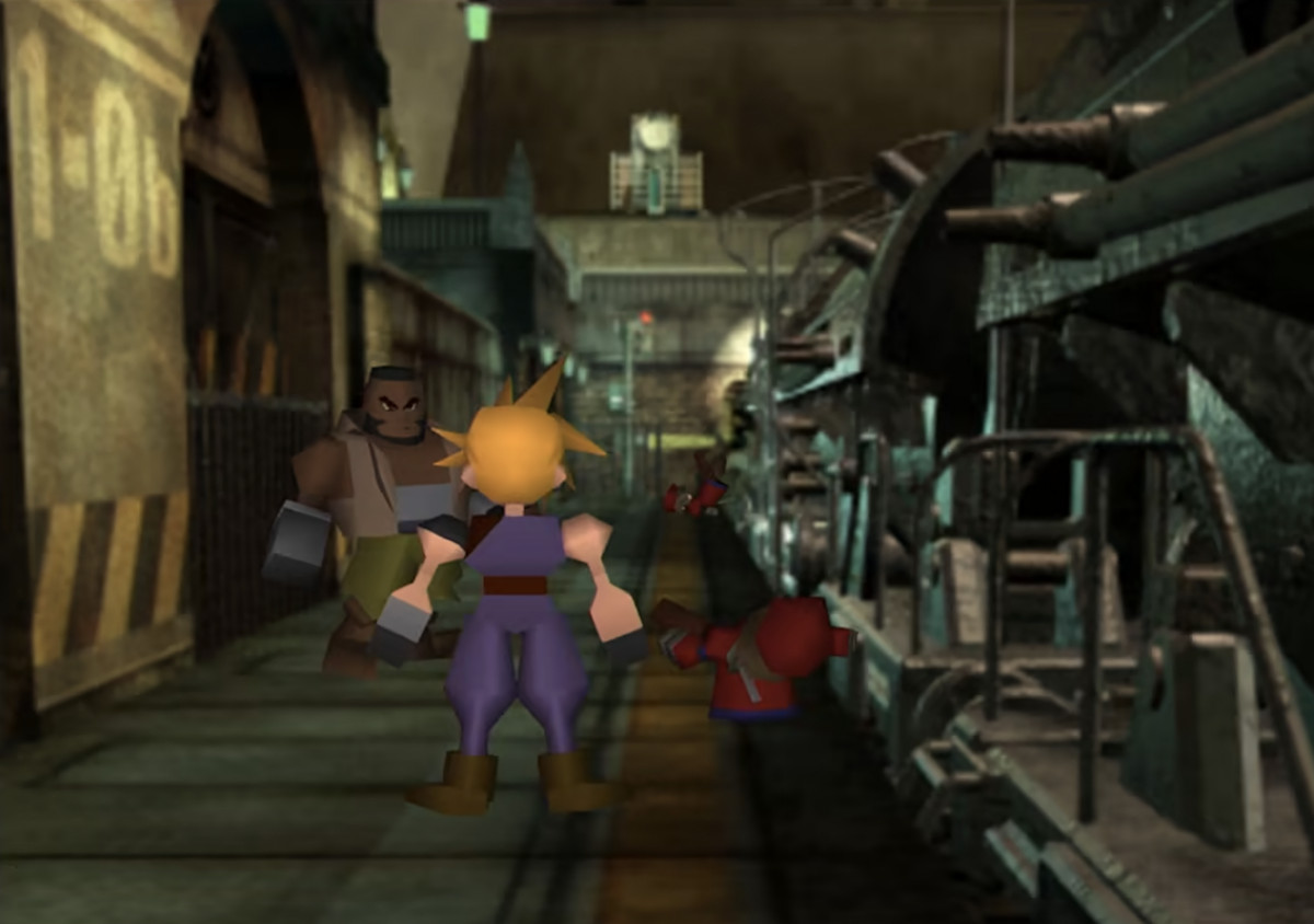 An image of the original Final Fantasy 7 game ported to the Nintendo Switch. It shows Cloud and Barret with the traditional PlayStation 1 graphics. 