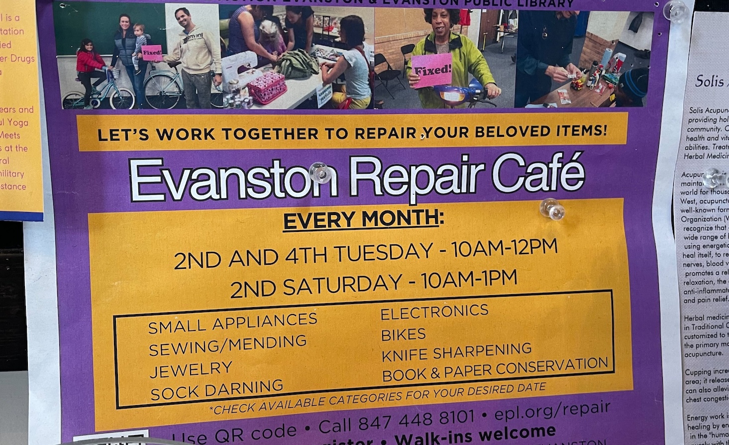 A bulletin board sign for a repair cafe in Evanston, Illinois, in February.