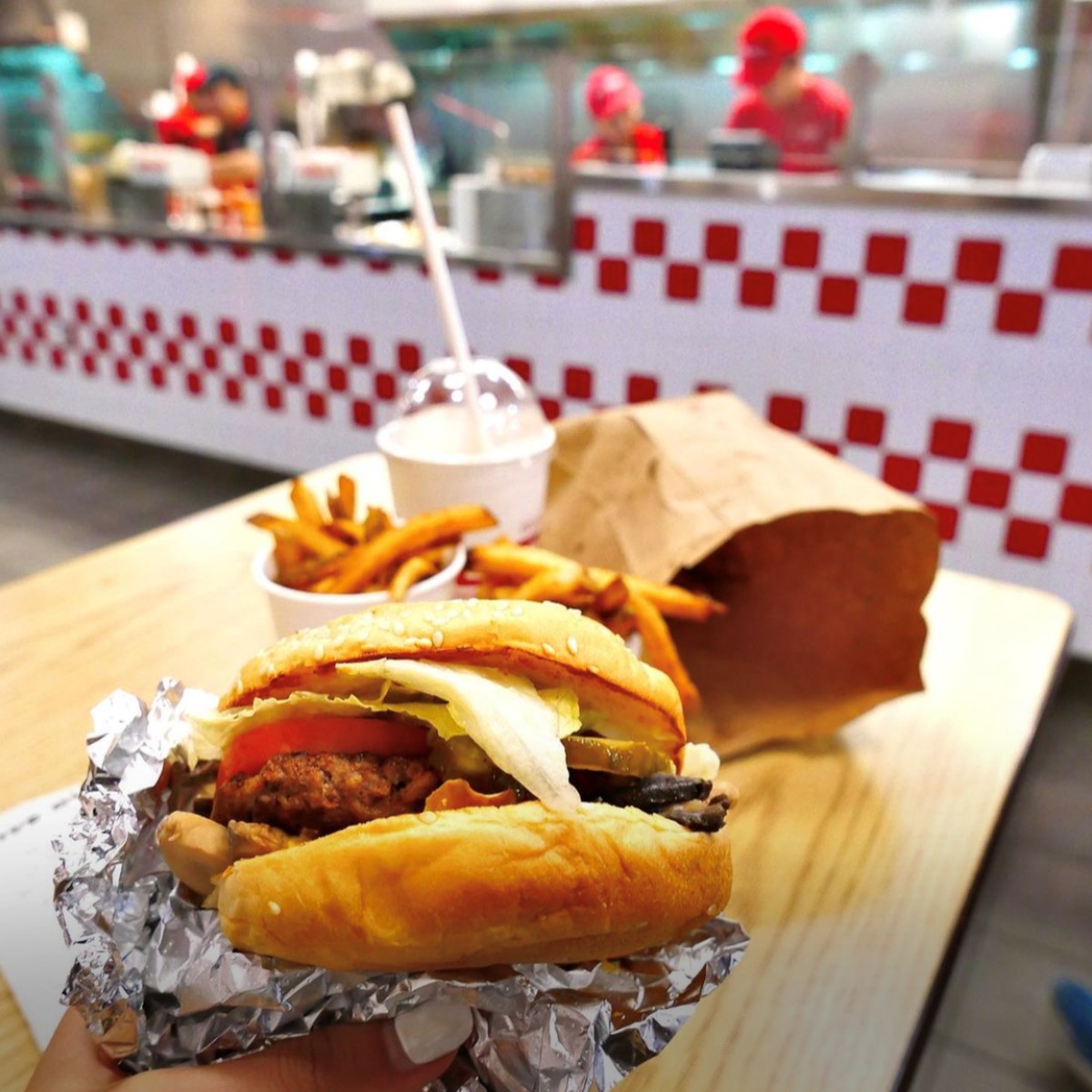 Five guy's burger, fries and shake at a Five Guys fundraiser