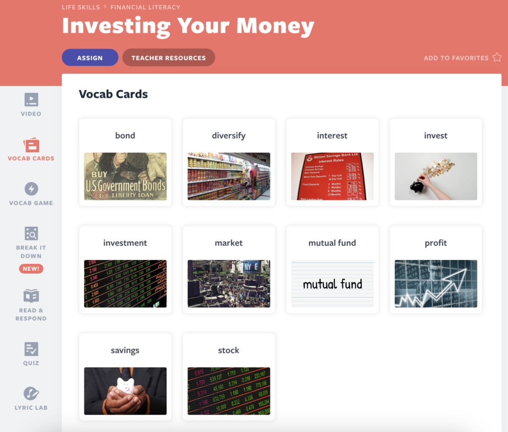 Investing Your Money Vocab Cards activity