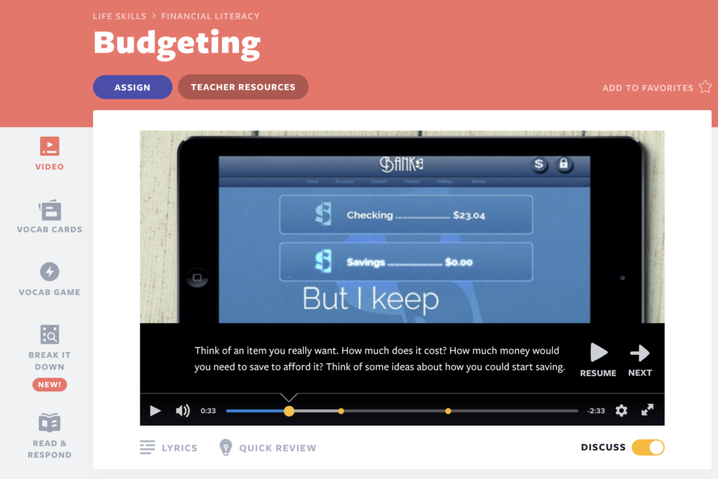 Budgeting video lesson with Discuss Mode