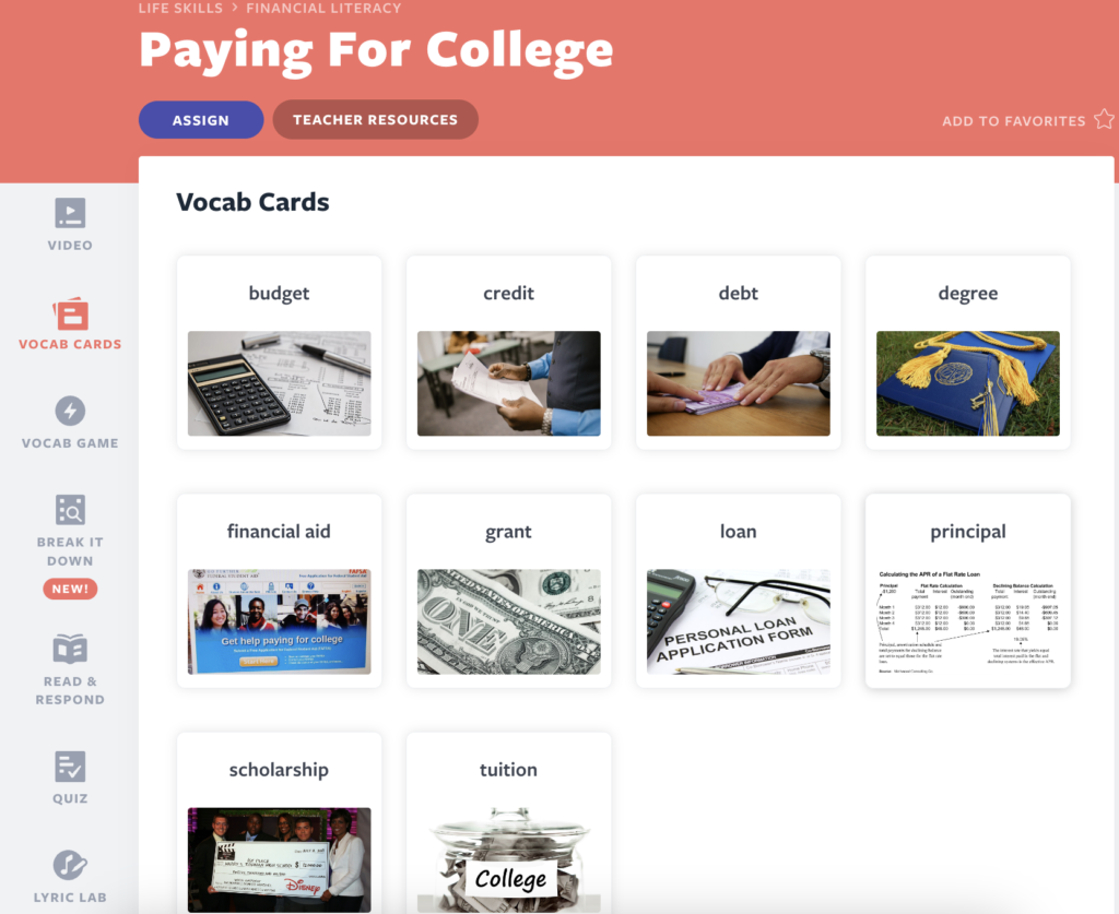 Paying for College Vocab Cards activity