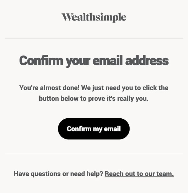 primer besedila za prijavo po e-pošti podjetja Wealthsimple