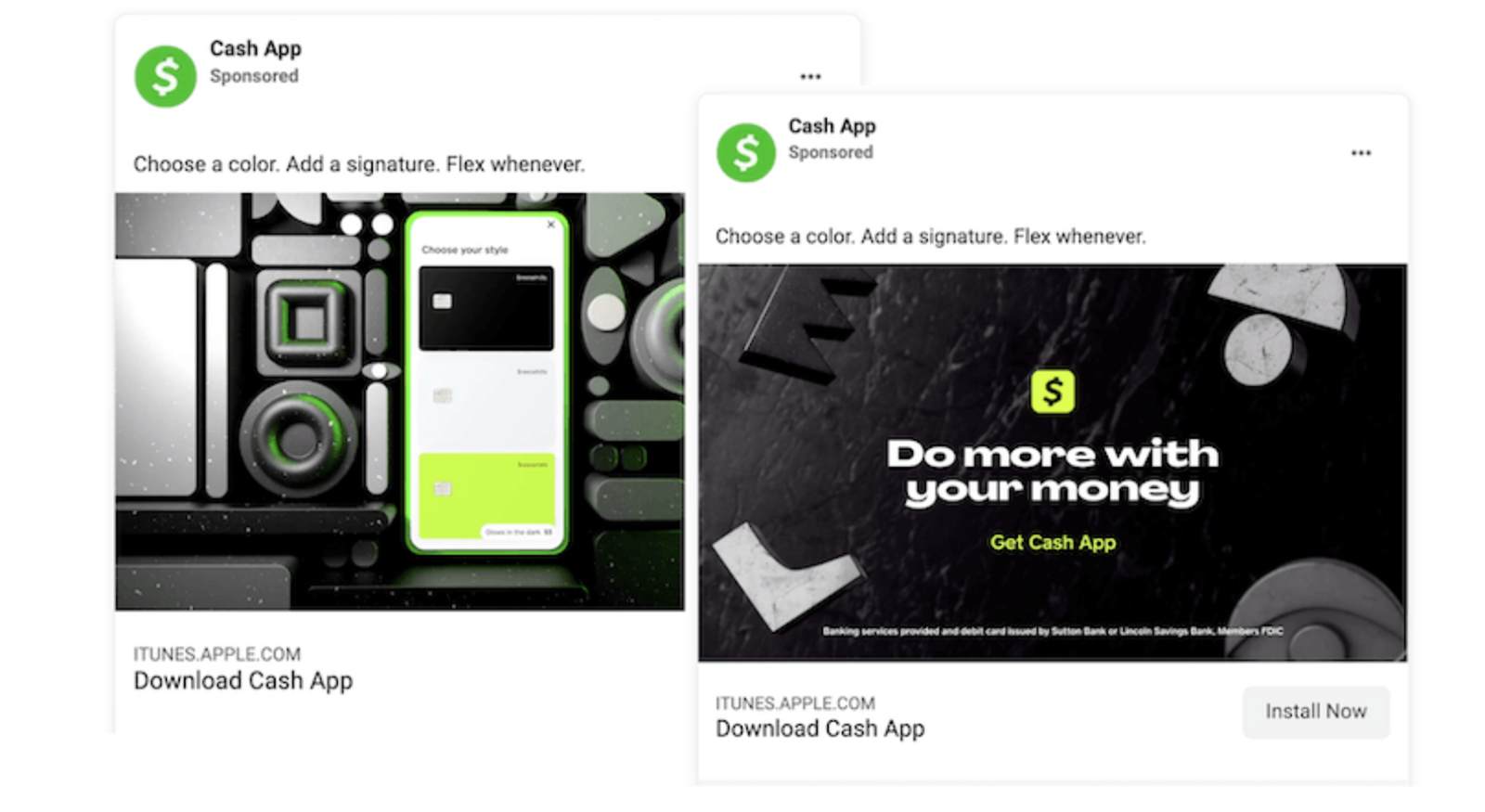 L'app Cash presenta un testo breve e diretto nel suo annuncio su Facebook