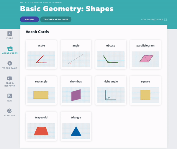 Flocabulary Vocab Cards for the Basic Geometry: Shapes lesson to teach math vocabulary activities