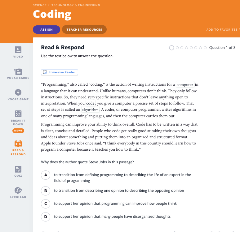 Coding Read & Respond activity