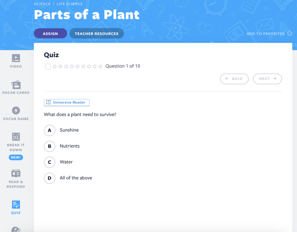 Parts of a Plant Quiz activity