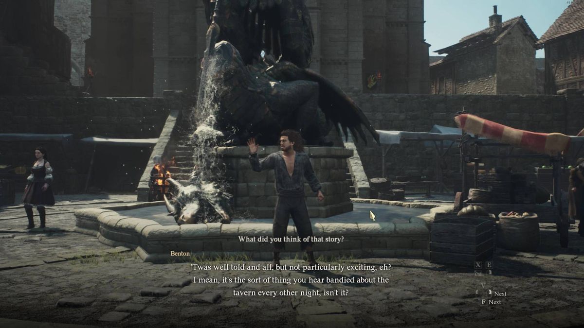 Albert stands outside a fountain in the “A Beggar’s Tale” side quest in Dragon’s Dogma 2.