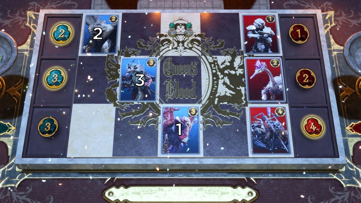 A graphic shows the solution to the first Card Carnival challenge in Final Fantasy 7 Rebirth.