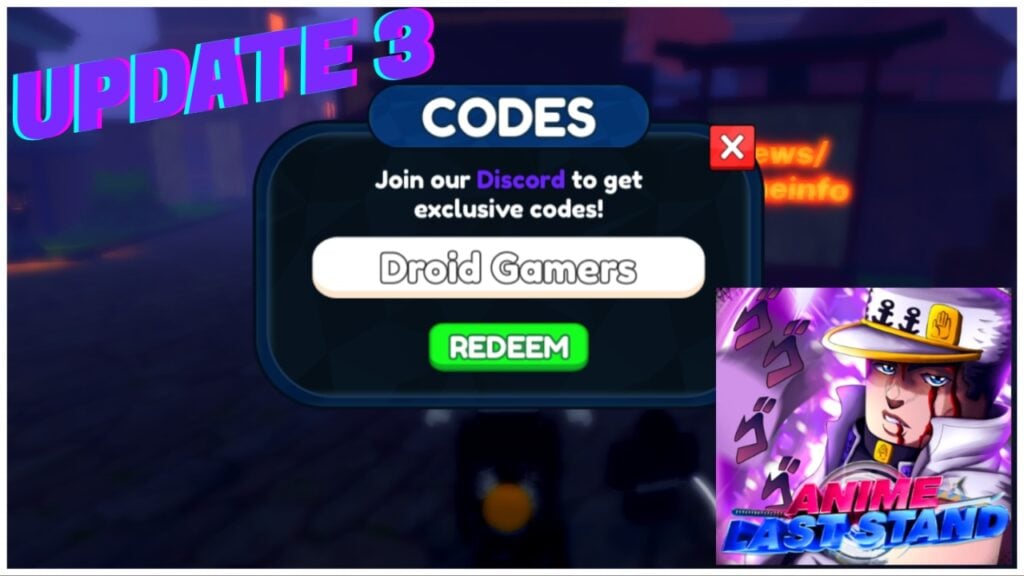 the image shows the code redemption page from within als with droid gamers wrote into the code box. To the right is the ALS icon from Update 3 and the top left has slanted text which reads Update 3