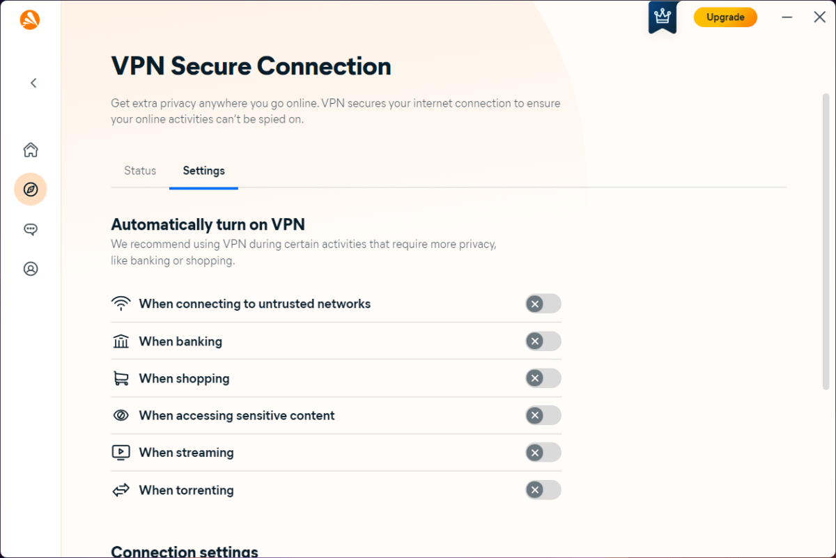Tela de configurações do Avast One VPN Secure Connection