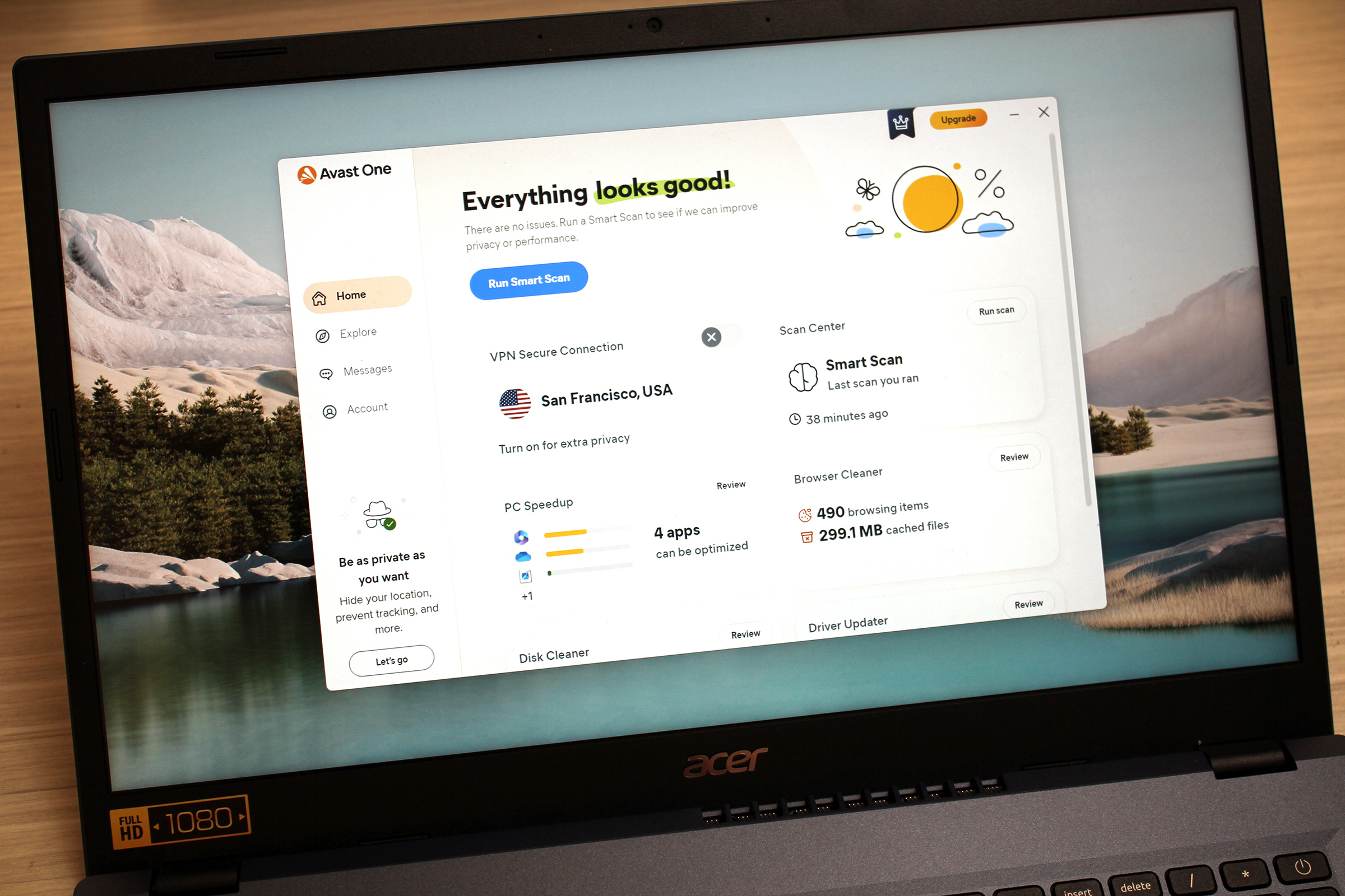Avast One open to its dashboard view on an Acer laptop