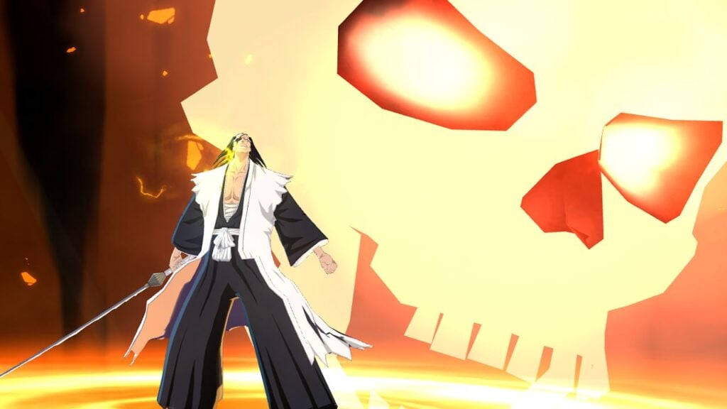 Feature image for our Bleach Soul Reaper tier list. It shows the Bleach character Kenpachi Zaraki in-game, with a large skull behind him.