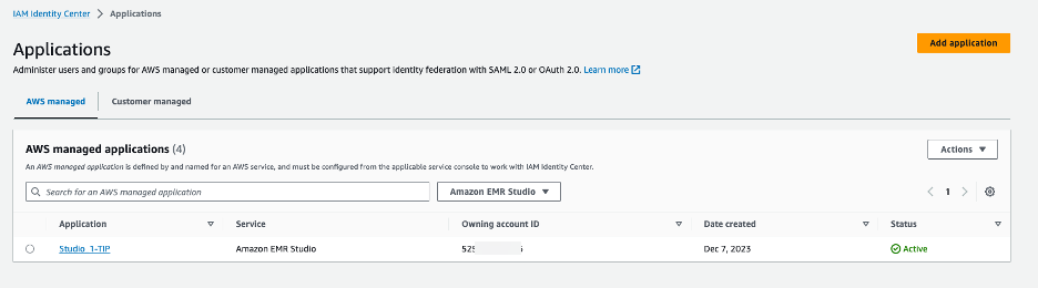 EMR Studio appears under AWS Managed app in IAM Identity Centre
