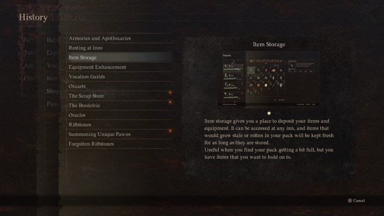 A screenshot of the Tutorial Logbook in Dragon's Dogma 2, explaining that "items that would grow stale or rotten in your pack will be kept fresh for as long as they are stored"