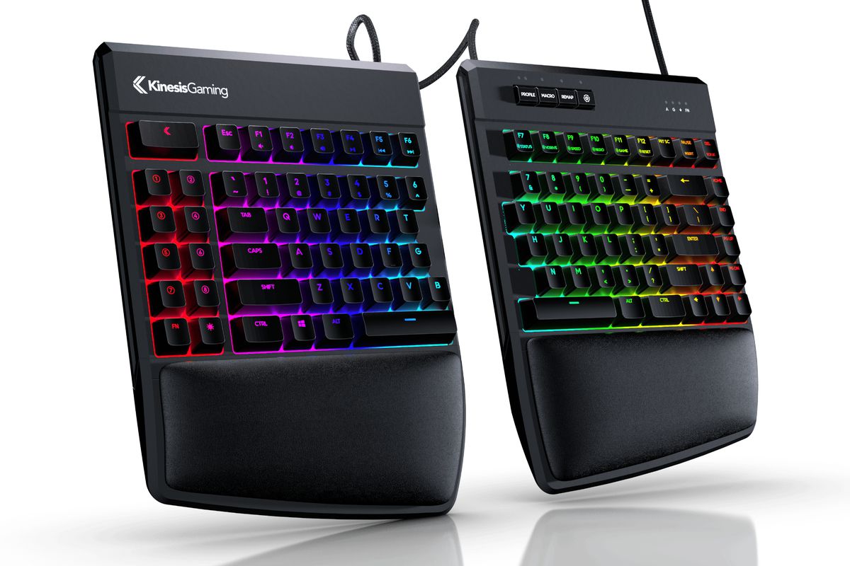 This image from Kinesis shows its FreeStyle Edge RGB gaming keyboard standing up. The keyboard’s two halves can be used up to 20 inches apart, but they are shown close to each other.