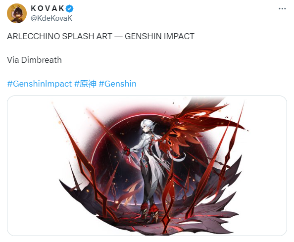 A screenshot of Genshin Impact Arlecchino leaked splash art from Dimbreath, shared by @KdeKovaK on X.