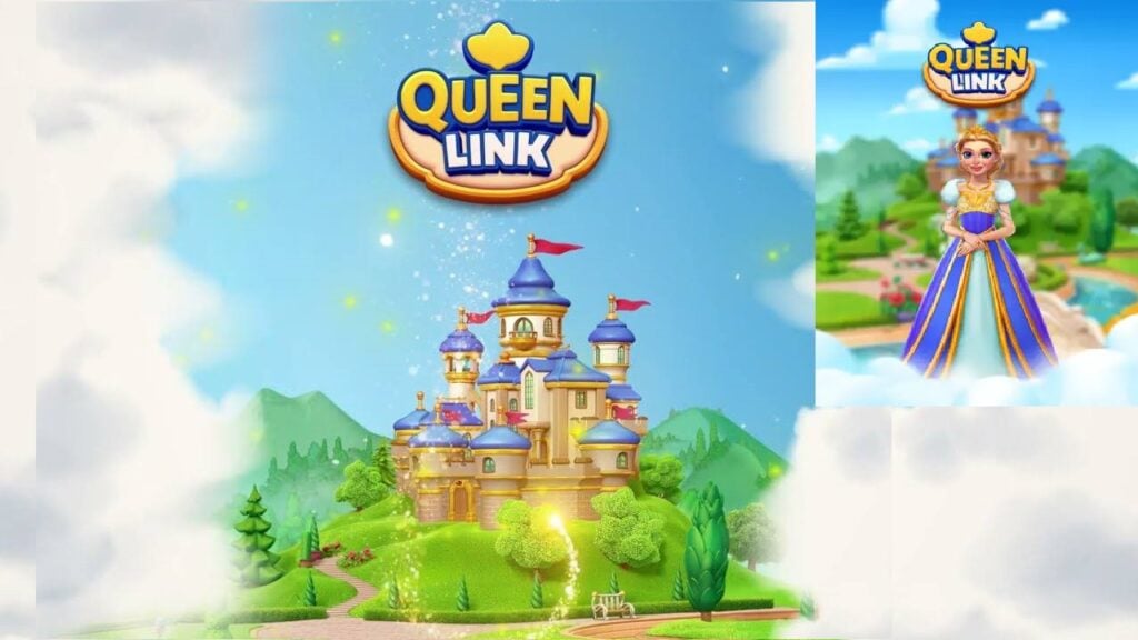 Queen Link. it features the queen in an inset panel on the top right. the main image features her castle amidst the cloud and trees.