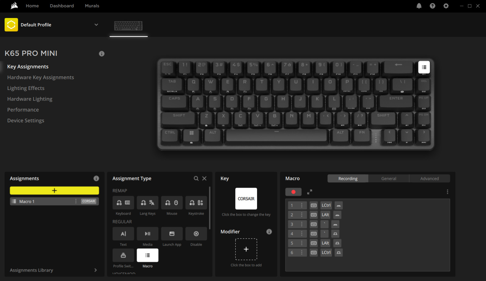 Corsair iCue software, K65 Pro Mini keyboard