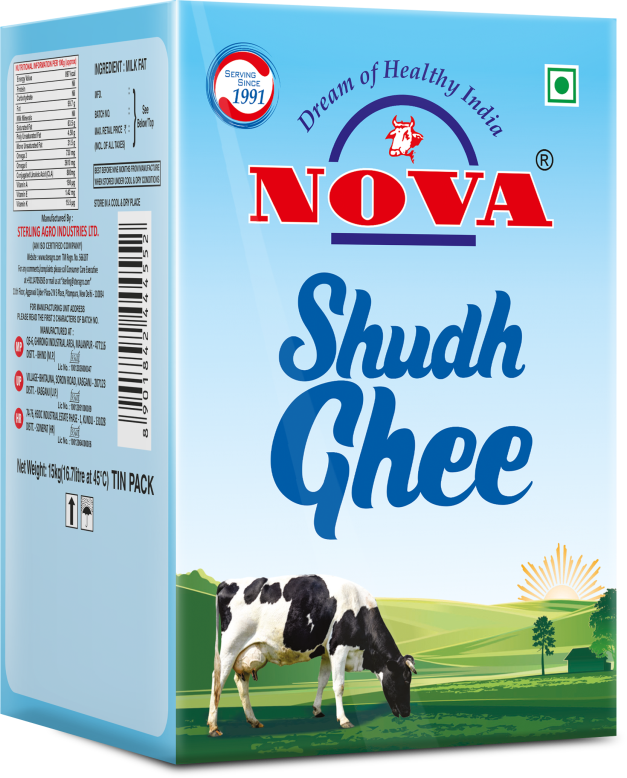 An image of "Nova Shudh Ghee" carton depicting a grazing cow. 