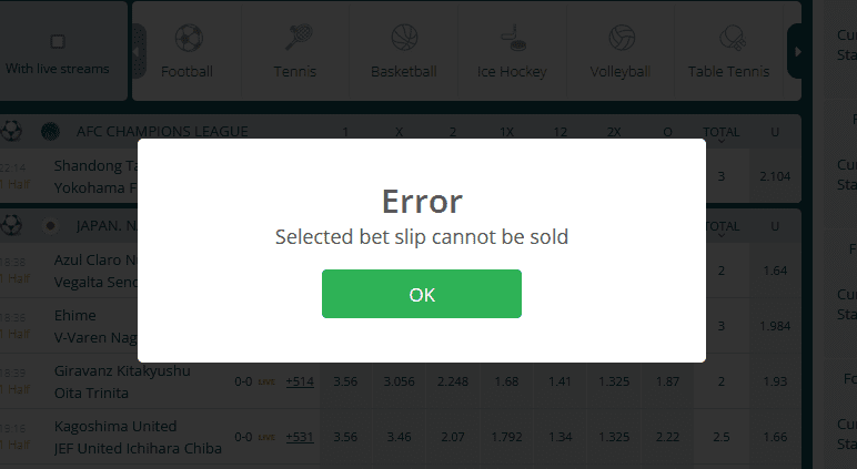 unsuccessful cash out on 22Bet
