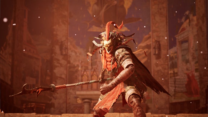 Screenshot from Enotria: The Last Song showing masked character wielding an ornate spear