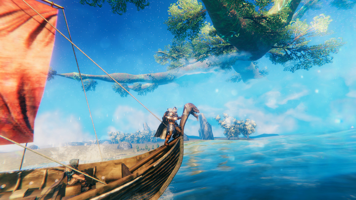 A viking standing on the bough of a longship in Valheim. They’re sailing on a bright blue sea with the Yggdrasil in the background.