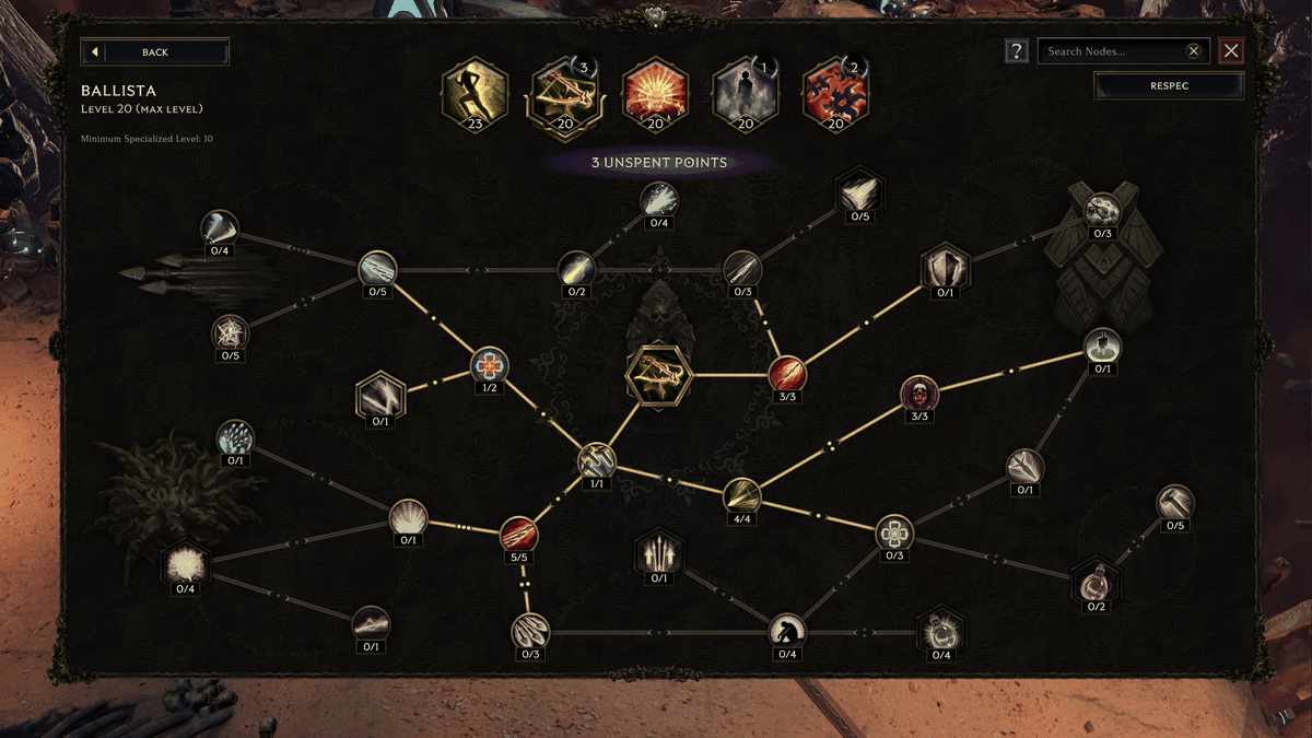 A complex skill tree for a single skill (Ballista, level 20) shows how deep customization goes in Last Epoch