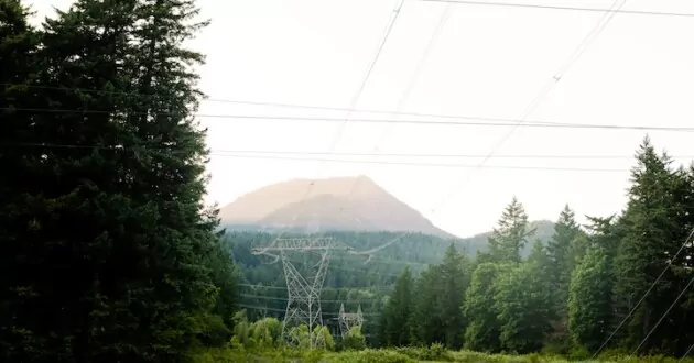 Power lines with mountains and trees