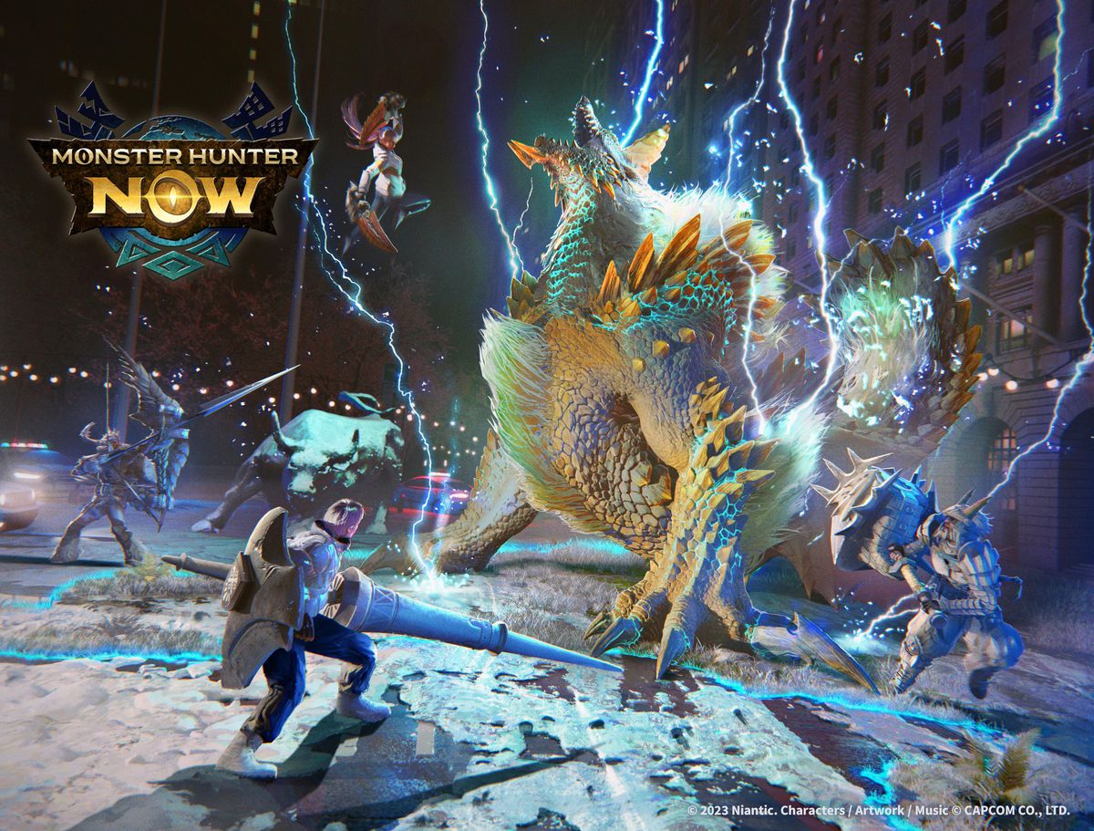 Monster Hunter Now Fulminations in the Frost teaser image, showing Hunters fighting Zinogre.