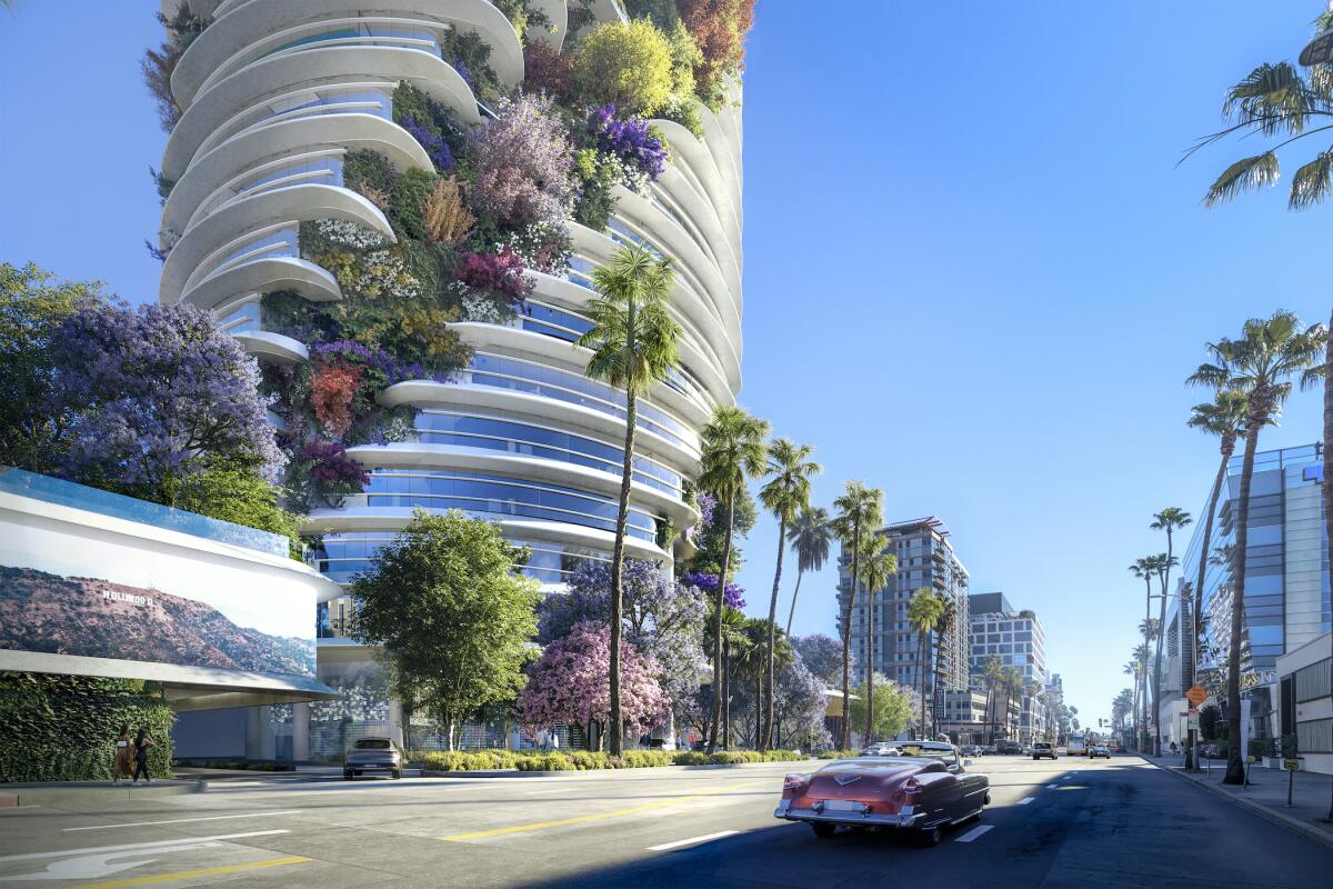 A rendering of the building, looking east on Sunset Boulevard.