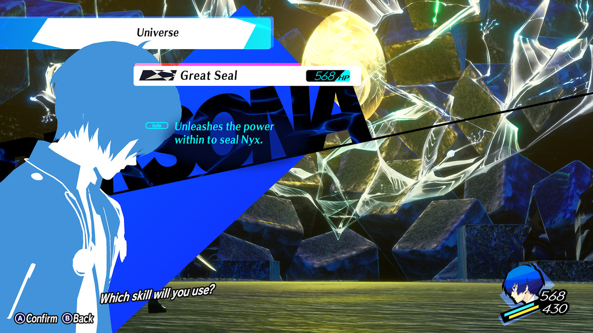 The protagonist uses the Great Seal ability in Persona 3 Reload
